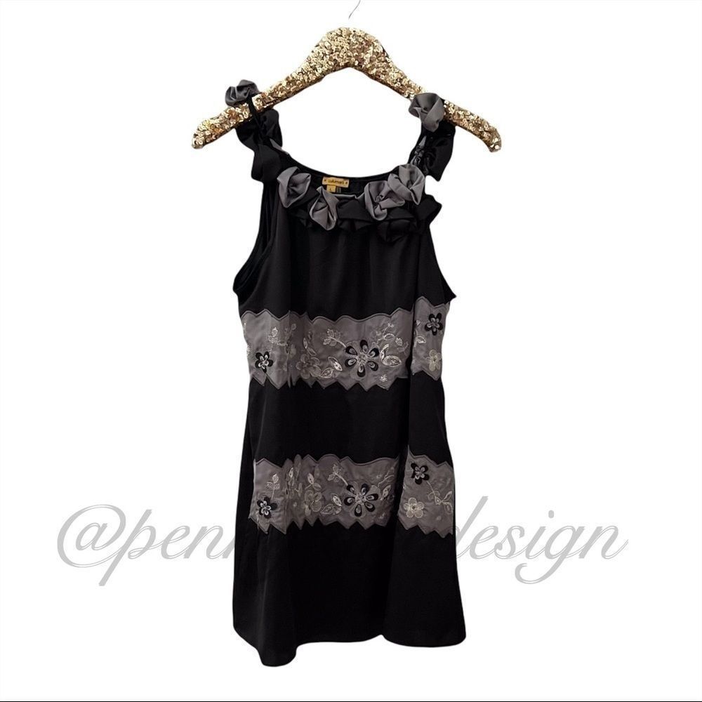 Lulu Mari Embroidered Flowers Roses Gray Silver Dress